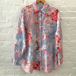 Karyn Seo Womens Colorful Floral Print Button Up Cotton Tunic Top Size XL